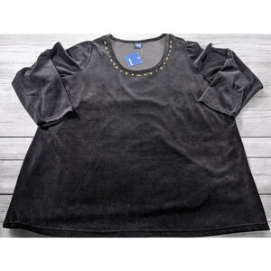 Vintage Basic Editions Shirt Plus Size 3X XXX Embellished Black Velvety Long Slv